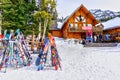 Colorful Ski Rack in Front of Temple Lodge in the Canadian Rockies