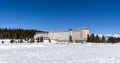 Lake Louise, CANADA - MARCH 20, 2019: frozen lake and mountains with snow peaks