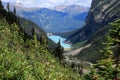 Lake Louise and the Chateau Lake Louise seen from the Plain of the Six Glaciers hiking trail Royalty Free Stock Photo