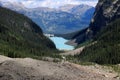 Lake Louise and the Chateau Lake Louise seen from the Plain of the Six Glaciers hiking trail Royalty Free Stock Photo
