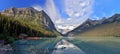 Lake Louise Landscape Panorama with Canadian Rocky Mountains in Morning Light, Banff National Park, Alberta Royalty Free Stock Photo