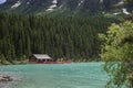 Lake louise panorama view. Hiking, walking and canoe, kayaking in the Rocky Mountains, Alberta, Royalty Free Stock Photo