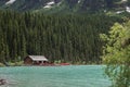 Lake louise panorama view. Hiking, walking and canoe, kayaking in the Rocky Mountains, Alberta, Royalty Free Stock Photo