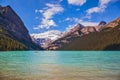 Lake Louise, Rocky Mountains, pine forests and glaciers Royalty Free Stock Photo