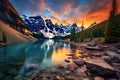 Lake Louise at sunset, Banff National Park, Alberta, Canada, Moraine Lake Sunrise Colorful Landscape, AI Generated Royalty Free Stock Photo