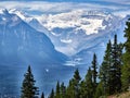 Lake Louise view from Gondola, showing its situation amongst the mountains. Royalty Free Stock Photo