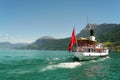 LAKE LUCERNE, SWITZERLAND - JUNE 02, 2019: Historic paddle steamer passenger boat on Lake Lucerne in summer.