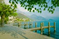 Lake Lucerne, Switzerland. Weggis wooden piers over maintains