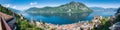 Lake Lugano. Panoramic view of Campione d`Italia, famous for its casino. In the background on the right the city of Lugano Royalty Free Stock Photo