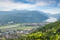 Lake Lugano, Switzerland. Picturesque aerial view of the town of Agno, lake Lugano, Lugano airport on a beautiful summer day