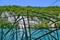 Lake with luminous azure-colored water behind the reeds. Plitvice Lakes, Croatia.