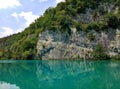 The lake with luminous azure-colored water. Greenery and rocks. Plitvice Lakes, Croatia