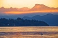 Lake Luzern and Rigi mountain peak morning golden glow view