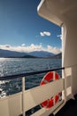 Lake Maggiore, Italy seen from a ferry. Ferryboat railings and lifebelts