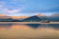 Lake Maggiore, Laveno, Italy. Sunrise over the snow-covered Alps Royalty Free Stock Photo