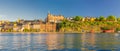 Lake Malaren, typical traditional buildings, Monteliusvagen view platform, clear blue sky, Stockholm