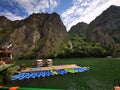 Lake in the Matka canyon - Macedonia. Mountains, emerald water, motor boats. Royalty Free Stock Photo