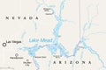 Lake Mead map, largest reservoir in the US, formed by the Hoover Dam