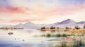 Lake Of Mexico Watercolor Painting With Accurate Ornithological Style
