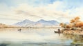 Lake Of Mexico Watercolor Painting With Mesopotamian Art Style