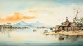 Lake Of Mexico Watercolor Painting: Uhd Image Of A Coastal Village