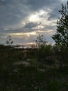 Sunset Lake Michigan north point pebbles waves water sky clouds vegetation beach evening view travel hike adventure scenic