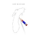 Lake Michigan vector map pencil sketch. Lake Michigan outline map with pencil in american flag colors Royalty Free Stock Photo