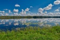 Lake mirroring blue skies with clouds