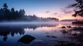 Lake with mist rising and dawn light and shadows