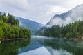 Lake and misty forest in mountains in a rainy day Royalty Free Stock Photo