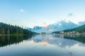 Lake Misurina in Dolomites mountain, Italian Alps, Belluno, Italy. Alpine Lago di Misurina with reflection and building Royalty Free Stock Photo