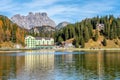 Idyllic autumnal landscape at Lake Misurina, Auronzo di Cadore, Veneto, Italy. Royalty Free Stock Photo