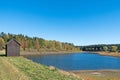 Lake `Mittlerer Pfauenteich` in the Harz mountains, Germany, with low water level because of a dry summer Royalty Free Stock Photo