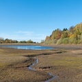 Lake `Mittlerer Pfauenteich` in the Harz mountains, Germany, with low water level because of a dry summer Royalty Free Stock Photo