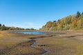 Lake `Mittlerer Pfauenteich` in the Harz mountains, Germany, with low water level because of a dry summer Royalty Free Stock Photo