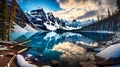 Lake Moraine, Banff National Park with background of mountains