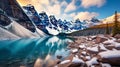 Lake Moraine, Banff National Park with background of mountains