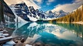 Lake Moraine, Banff National Park with background of mountains