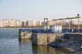 Lake Morii with blocks in the background, Bucharest, Romania.