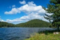 Lake and mountain landscape with forest and blue sky with clouds Royalty Free Stock Photo