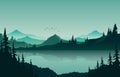 Lake Mountain Panorama Landscape in Green Monochrome Flat Illustration Royalty Free Stock Photo