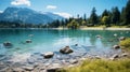 Lake and mountain scenery with tiltshift effect background Royalty Free Stock Photo