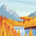 Lake in mountain valley, vector fall illustration. Autumn landscape background. Outdoor travel concept. Royalty Free Stock Photo