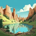 Cartoonish Landscape With Mountains, Lake And Organic Formations