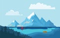 Lake in the mountains. The boat on the water, campfire next to the tourist tent on the shore. Vector illustration. Royalty Free Stock Photo