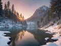 a lake between mountains covered in pure white snow Royalty Free Stock Photo