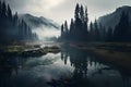 Lake in the mountains on a foggy morning, landscape of a lake in the mountains, foggy forest Royalty Free Stock Photo