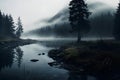 Lake in the mountains on a foggy morning, landscape of a lake in the mountains, foggy forest Royalty Free Stock Photo