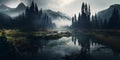 Lake in the mountains on a foggy morning, landscape of a lake in the mountains, foggy forest Royalty Free Stock Photo