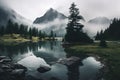 Lake in the mountains on a foggy morning, landscape of a lake in the mountains, foggy forest